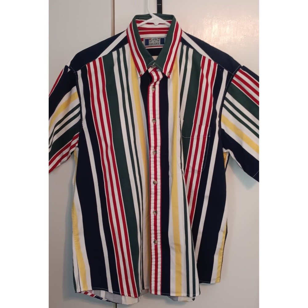 Retro Mens Short Sleeve Shirt Button Down Collared Bold Stripe L 90s Y2k Dadcore - Picture 2 of 8